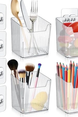 4 Pack Acrylic Wall Mount Organizer, Adhesive Cabinet Door Storage Bins, Clear Makeup Containers, Stackable Organizer Basket for Kitchen, Bathroom, Cabinet, Pantry, Office