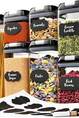 Chef's Path - Set of 7 Airtight Food Storage Containers for Kitchen Storage - Clear Plastic - Durable Strong Lids - Labels and Chalk Marker