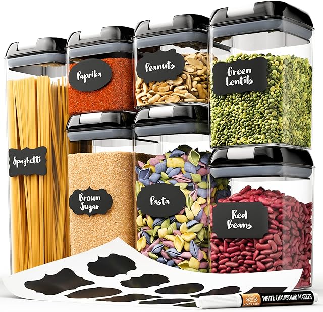 Chef's Path - Set of 7 Airtight Food Storage Containers for Kitchen Storage - Clear Plastic - Durable Strong Lids - Labels and Chalk Marker