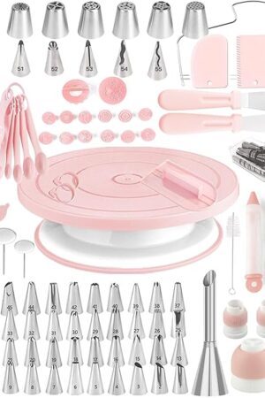 Cake Decorating Kit,137pcs Cake Decorating Supplies with Cake Turntable for Decorating,Pastry Piping Bag,Russian Piping Tips Baking Tools, Cake Baking Supplies for Beginners(Light Pink)