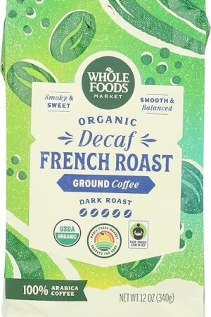Whole Foods Market, Organic Decaf Ground Coffee, Dark French Roast, Smoky & Sweet, Smooth & Balanced, 12 Ounce