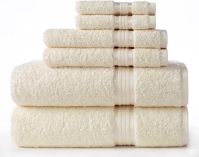 COTTON CRAFT Ultra Soft 6 Piece Towel Set - 2 Large Bath Towels, 2 Hand Towels, 2 Washcloths - Absorbent 580 GSM Quick Dry Everyday Luxury Hotel Bathroom Spa Gym Shower Pool - 100% Cotton - Ivory