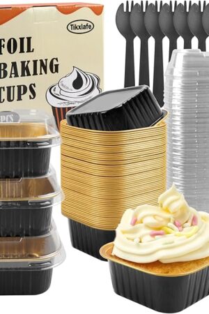 Aluminium Foil Square Brownie Baking Cups, Mini Loaf Pans With Lids 50 Pack, Disposable Ramekins Baking Pan, Cupcake Container for Brownie Bread Cheesecake-Black