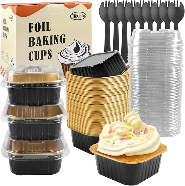 Aluminium Foil Square Brownie Baking Cups, Mini Loaf Pans With Lids 50 Pack, Disposable Ramekins Baking Pan, Cupcake Container for Brownie Bread Cheesecake-Black