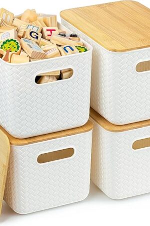 4 Packs Storage Bins with Bamboo Lids - Plastic Storage Containers with Lids Stackable Storage Box：Storages Baskets for Organizing Desktop Closet Playroom Classroom Office,White