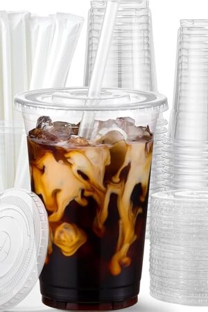 AOZITA 25 Pack - 16 oz Plastic Cups with Lids and Straws, Clear Iced Coffee Cups with Lids, Disposable Cups with Lids for Cold Drinks, Iced Tea, Milkshakes, Smoothies - Durable & BPA Free