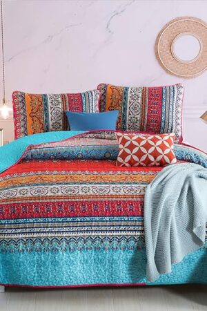 WONGS BEDDING Bohemian Quilt Set Queen Size, Boho Striped Pattern Quilts Bedspread Set for All Season, Soft Microfiber Bedding Coverlet Set 96"x90"(3 Pieces, Queen)