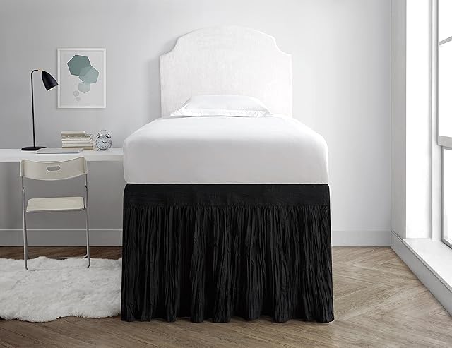 Crinkle Dorm Sized Bed Skirt Panel with Ties (1 Panel) - Black