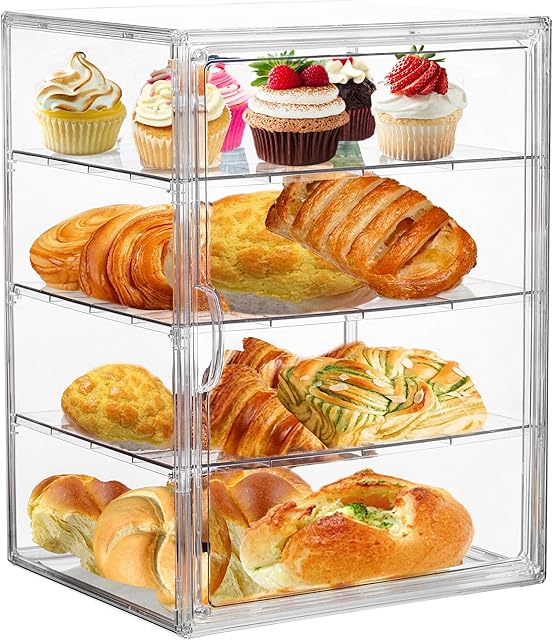 Pastry Display Case,4 Layers Adjustable Clear Bread Box for Kitchen Countertop,Bread Storage with Magnetic Door Bakery Pastry Display15.5x11.4x9.8inch