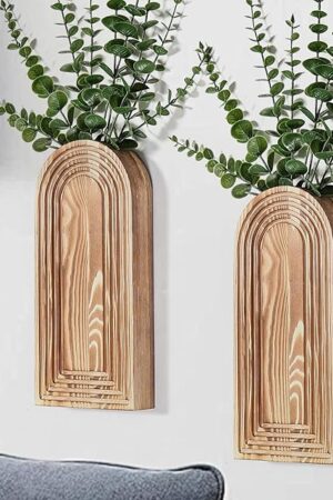 2 Pack Wooden Wall Vase Set - Brown Finish Modern Farmhouse & Boho Wall Decor for Entryway, Hallway, Bathroom, Living Room, Dining Room, Narrow Spaces