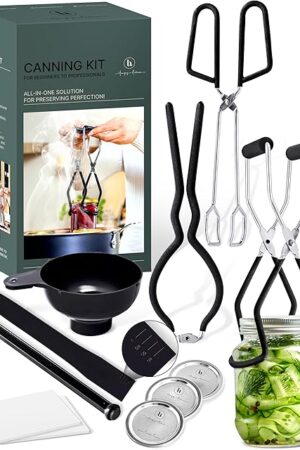 Canning Supplies Set of 8 – Canning Kit for Beginners – Complete Home Canners Equipment – Mason Jar Lifter, Funnel & Wrench, Tongs, Bubble Popper, Magnetic Lid Lifter, Canning Labels & Lids