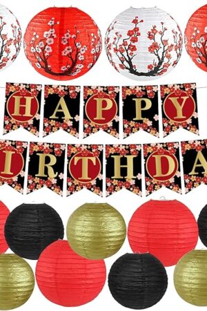 14Pcs Hibachi Party Decorations Chinese Japanese Party Decorations Red Black and Gold Round Paper Lanterns Assorted Sizes (8" 10" 12") for Birthday Home Decor