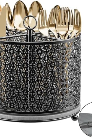 360° Rotating Utensil Holder Caddy - Fast-Drying Silverware Flatware Organizer - 4 Compartment Large Cutlery Holder with Handle For Kitchen Countertop Party Office Picnic Table Black