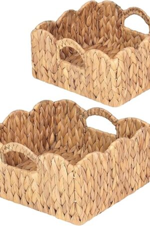 Wicker Scalloped Baskets (Set of 2) Water Hyacinth Baskets For Decor, Woven Natural Basket for Living Room Organizer, Bathroom, Bedroom, Laundry. Wicker Storage Basket with Built-in Handles.
