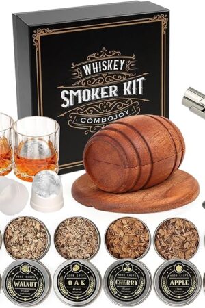 Whiskey Smoker Kit with Torch - 6 Flavors Wood Chips, 2 Glasses, 2 Ice Ball Molds - Cocktail Smoker Infuser Kit, Old Fashioned Drink Smoker Kit, Birthday Bourbon Whiskey Gifts for Men,Dad(NO Butane)