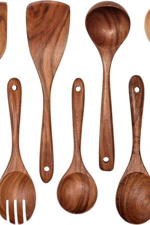Wooden Non-Stick Kitchen Pan Toolset 7 Pieces Set,100% Natural Teak Kitchen Utensils Spatula, Wooden Cooking Utensils Spoons, Fried Spatula and Salad Fork