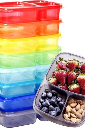 Youngever 8 Pack Bento Lunch Box, Meal Prep Containers, Reusable Plastic Divided Food Storage Container Boxes (3-Compartment)