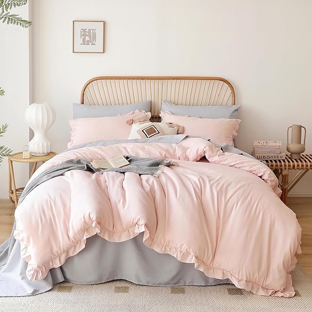 JANZAA Pink Comforter Set Queen 3PCS(1 Ruffled Blush Comforter Set and 2 Pillowcases) Vintage Shabby Chic Bedding Soft Fluffy Comforter Set All Season