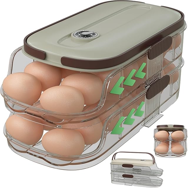 Egg Holder for Fridge – 28 Count, Stackable 2-Tier Rolling Organizer with Date Tracker, Space-Saving Clear Egg Dispenser for Refrigerator