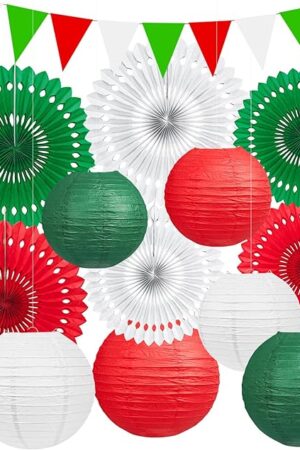 13Pcs Italian Party Decorations, Hanging Red White and Green Paper Lanterns Honeycomb Paper Fans for Birthday Wedding Baby Shower Christmas Mexican Italian Themed Party Decorations