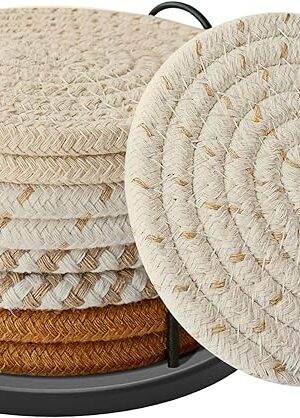 Coasters Set of 8 for Drinks, Beer, Coffee, Cotton Woven 4 Colors Absorbent Coaster with Holder, Boho Coasters for Home Decor Tabletop Protection Suitable for Kinds of Cups, Coffee