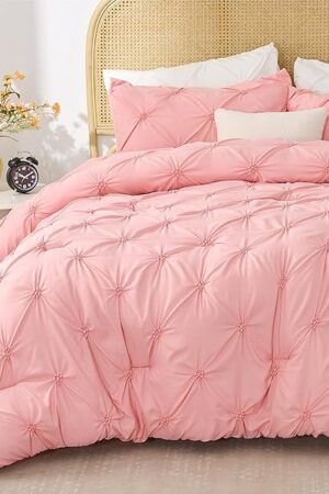 BEDELITE Pink Comforter Set Queen - 3 Pieces Boho Pintuck Bedding Comforter Sets, Lightweight Soft & Warm Bed Comforter Queen with 2 Pillowcases for All Season