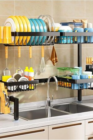 2 Tiers 4 Baskets (one More Than Others) Over The Sink Dish Drying Rack,fits All Sinks (from 24.8" to 35.4"),2-Tier Adjustable Sink Rack,Dishes Rack Kitchen Storage Organizer Space Saving