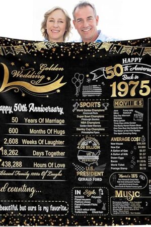 elseven 50th Anniversary Wedding Gift 50th Wedding for Her 50 Year Anniversary for Couples Wife Husband Best Anniversary Blanket Present Throw Blanket 50x60 Inch, Golden