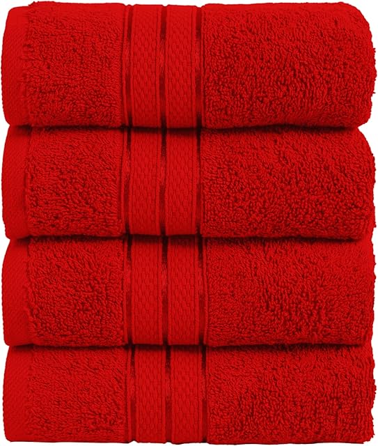 Elegant Comfort Three Line Popcorn Towel Set for Bathroom 16 x 28 inches, Premium Hotel Quality 4-Pack Hand Towels, 100% Turkish Cotton, Soft and Durable, Quick Dry and Highly Absorbent, Red