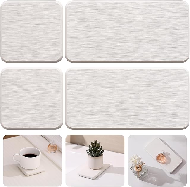 4PCS Quick-Drying Soap Tray for Bathroom Counter, Diatomaceous Earth Stone Drying Tray with Fast Absorption, Multi-Purpose Water Absorbing Stone for Kitchen & Bathroom, White