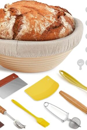Banneton Bread Proofing Basket, Sourdough Starter Kit, 9" Round Sourdough Bread Baking Supplies with Dough Whisk, Bread Lame, Brush, Scrapers, Flour Duster & Stencils, Bread Making Tools Gift Set