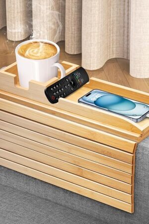 Bamboo Couch Armrest Table, Couch Arm Tray with Removable Couch Cup Holder, 2 in 1 Design Foldable Anti-Slip Bamboo Sofa Arm Tray for Remote Controls, Phones, Cups and Snacks