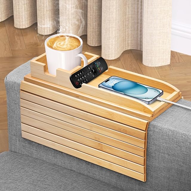 Bamboo Couch Armrest Table, Couch Arm Tray with Removable Couch Cup Holder, 2 in 1 Design Foldable Anti-Slip Bamboo Sofa Arm Tray for Remote Controls, Phones, Cups and Snacks