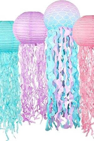 Blue Pink Purple Hanging Jelly fish Paper Lanterns, Gradient Colorful Paper Lanterns for Mermaid Theme Party, Under The Sea Birthday Ocean Theme Baby Shower Decoration Jellyfish Rome Decor, 6pcs