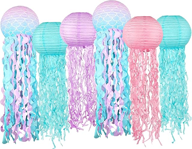 Blue Pink Purple Hanging Jelly fish Paper Lanterns, Gradient Colorful Paper Lanterns for Mermaid Theme Party, Under The Sea Birthday Ocean Theme Baby Shower Decoration Jellyfish Rome Decor, 6pcs