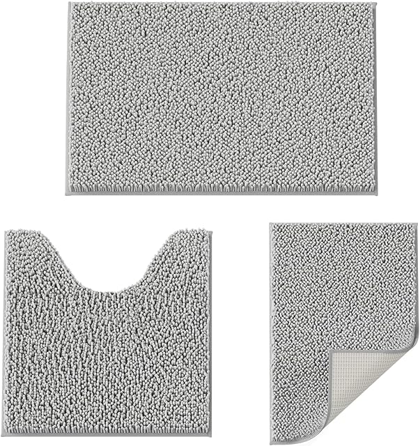 Bathroom Rugs Set 3 Pieces Extra Soft and Absorbent Shaggy Bath Rugs, Chenille Bathroom Mats, Non-Slip Plush Carpet Runner, Bathrooms Set with Toilet Rugs, Perfect Bath Mats for Bath Tub, Shower