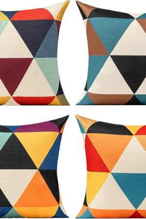 All Smiles Outdoor Throw Pillow Covers 18x18 Set of 4 Boho Colorful Fun Mid Century Modern Home Décor Summer Fall Cushion Cases for Patio Furniture Couch Living Room,Geometric Yellow Orange