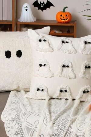 2 Pcs Halloween Pillow Covers 18x18 Inch White Ghost Throw Pillow Cases, Halloween Decorations Spooky Cushion Cover Gothic Couch Case for Holiday Fall Home Living Room Sofa Bed Indoor Outdoor