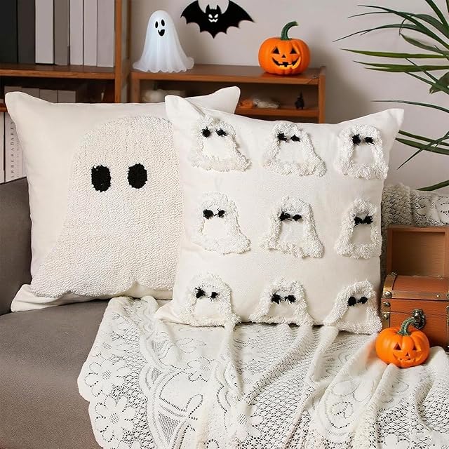 2 Pcs Halloween Pillow Covers 18x18 Inch White Ghost Throw Pillow Cases, Halloween Decorations Spooky Cushion Cover Gothic Couch Case for Holiday Fall Home Living Room Sofa Bed Indoor Outdoor
