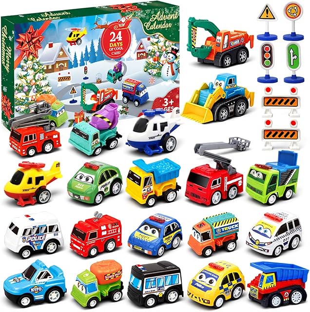 Advent Calendar 2025 Kids Boys, 24 Days Christmas Countdown with Pull-Back Cars Traffic Sign Sets, Christmas Advent Calendar Vehicles Holiday Gifts Kids Boys Girls Toddlers