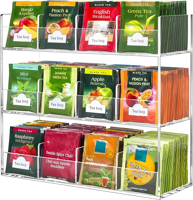 BEYGORM Acrylic Tea Bag Organizer for 216 Tea Packets for Countertop or Cabinet