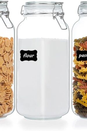 Vtopmart 78oz Glass Food Storage Jars with Airtight Clamp Lids, 3 Pack Large Kitchen Canisters for Flour, Cereal, Coffee, Pasta and Canning, Square Mason Jar with 8 Chalkboard Labels