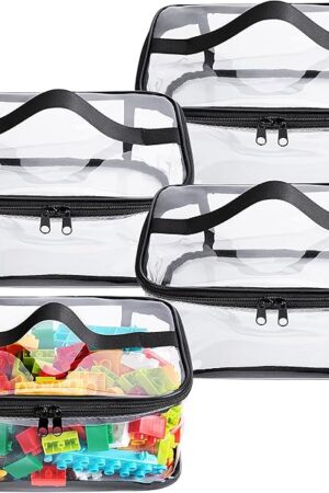 4 Packs Clear Toy Storage Bags- 9.4 x 6.7 x 4.3 Inch Transparent PVC Toy Organizing Bags with Zipper- Waterproof Toy Storage Organizer Pouch for Building Blocks, Small Toys (Black)