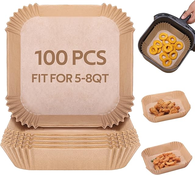 Air Fryer Liners Disposable 8 Inch Square, 100 PCS Large Parchment Liners Disposable for 5-8 Qt Basket, Parchment Paper Sheets for Baking, Air Fryer Accessories
