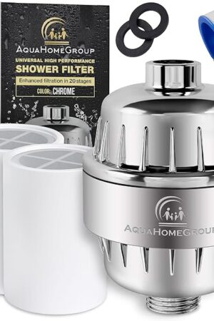 AquaHomeGroup 20 Stage Shower Head Filter with Vitamin C E A for Hard Water - High Output Filter to Remove Chlorine and Fluoride - 2 Cartridges Included - Consistent Flow Showerhead Filters
