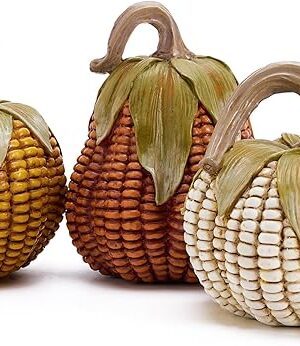 Valery Madelyn Fall Decorations for Home, Fall Pumpkin Decor, Set of 3 Resin Artificial Corn Decorative Pumpkins Indoor, Table Centerpieces Autumn Thanksgiving Halloween Decorations, 5.1 Inch