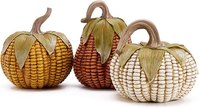Valery Madelyn Fall Decorations for Home, Fall Pumpkin Decor, Set of 3 Resin Artificial Corn Decorative Pumpkins Indoor, Table Centerpieces Autumn Thanksgiving Halloween Decorations, 5.1 Inch