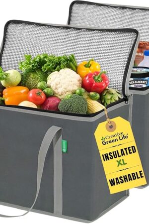 Creative Green Life XL Insulated Reusable Grocery Bags (2-Pack) - Premium Quality Cooler Bags with Hard Bottom Insert, Stands Upright, Washable