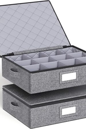 YearningHome Cup and Mug Storage Box with Hard Shell and Dividers for Coffee Mugs,Tea Cups and Glasses,Stackable Storage Organizers with Lid,Handles,Zips and Lable for Moving,Holds 12,2 Pack, Grey