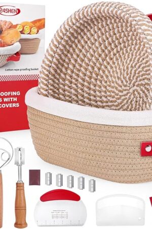 Banneton Bread Proofing Basket Sourdough Bread Baking Supplies, Sourdough Starter Kit with Cotton Rope Banneton Baskets with Line Cover, Bread Lame, Sling, Spatula, Scraper,Dough Whisk